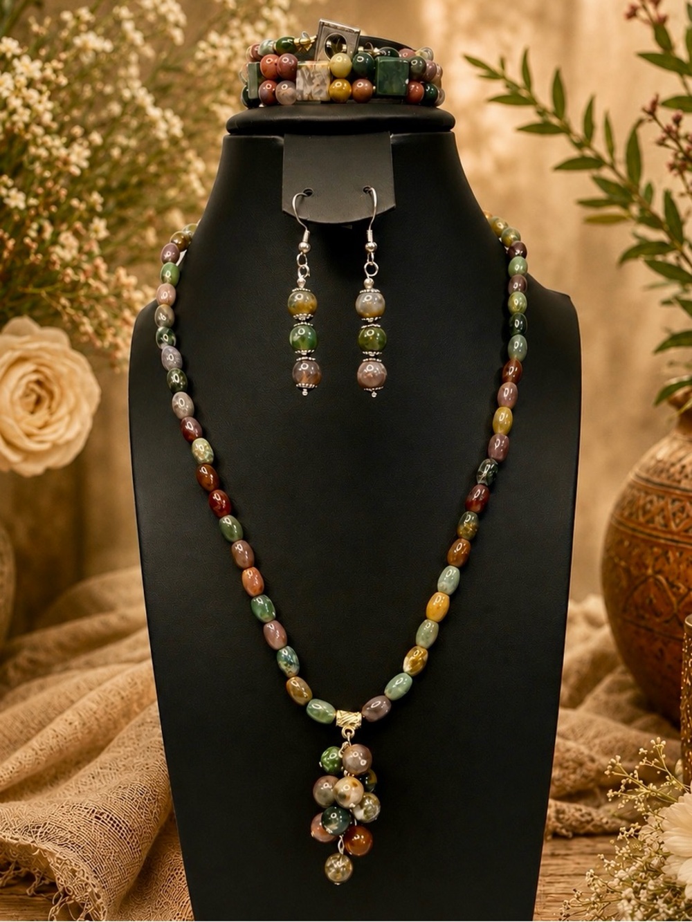 Indian Agate Warm Multi-Color Beaded Necklace, Bracelets & Earring Set Handmade